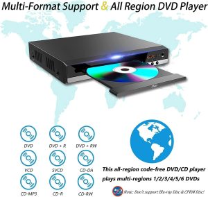 Leitor de DVD para TV Home CD Player com controle remoto 1080p HD compacto para todas as regiões, cabos HDMI e RCA, entrada USB, monitor e projetor, TVs novas e antigas