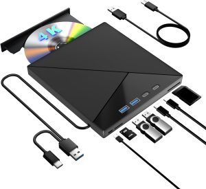 Unidade Blu-Ray externa 7 em 1, gravador Blu-Ray 4K com USB 3.0 Tipo-C portátil Blu-Ray, gravador de CD DVD Player 3D BD com portas SD/TF, unidade óptica 4K compatível com laptop Windows MacOS Desktop