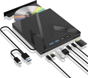 Unidade Blueray externa 7 em 1, unidade Blueray/DVD externa para PC com porta SD/TF Blu Ray Burner, suporta disco de 100 G R/W para PC Blueray Drive externo para Windows Linux MacOS Laptop Desktop