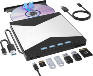 Unidades Blu-Ray externas, gravador de Blu-ray portátil 4K USB 3.0 Tipo-C UHD BD Player com porta SD/TF, gravador de CD/DVD R/W 3D Blu-Ray, unidade Blu-Ray 4K externa compatível com laptop Windows Mac